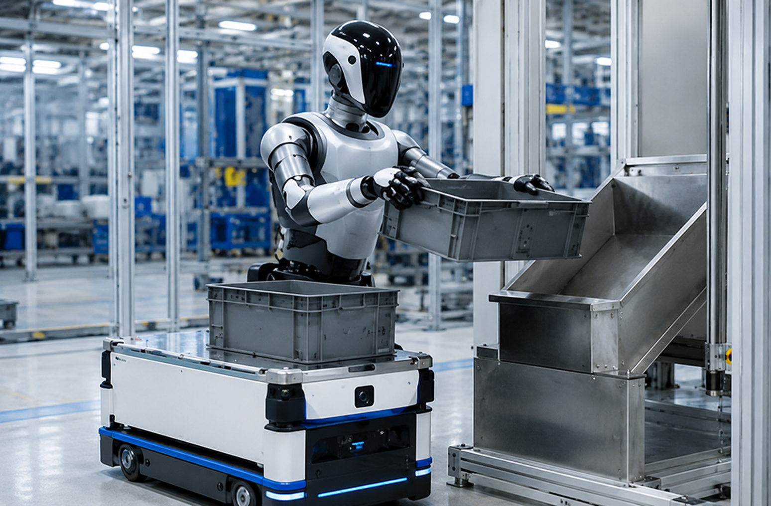 AGVで搬送された通箱をヒューマノイドロボットがピックし、シュートに投入する工程
