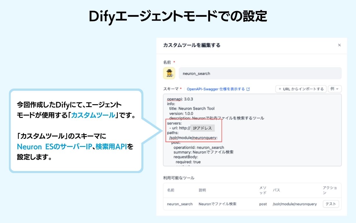「カスタムツール」のスキーマにNeuron ESのサーバーIP、検索用APIを設定