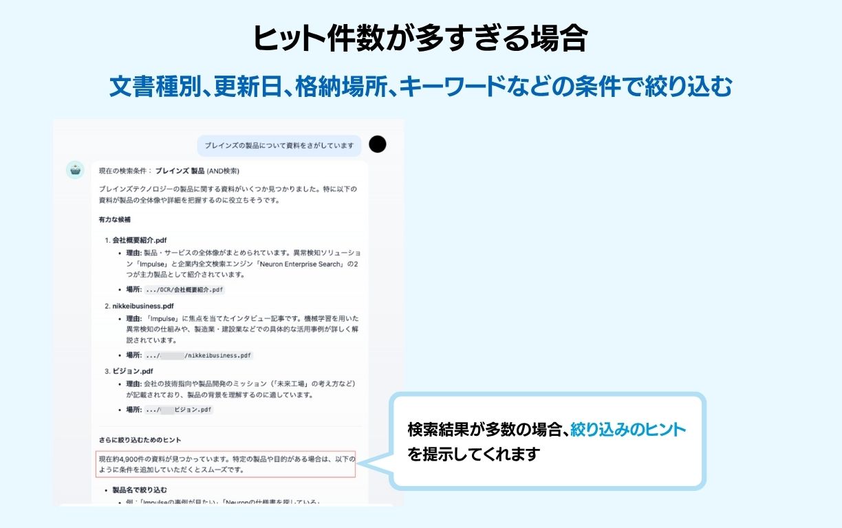 Difyアプリでは、Neuron ESの検索APIをツールとして登録し、検索結果が多数の場合、絞り込みのヒントを提示してくれます。